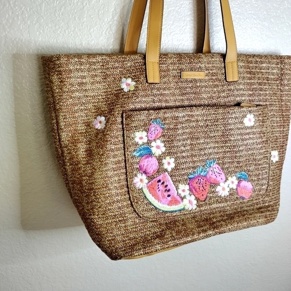Vera Bradley Dark Brown With Fruit watermelon Front Pocket Straw Tote - Picture 2 of 7